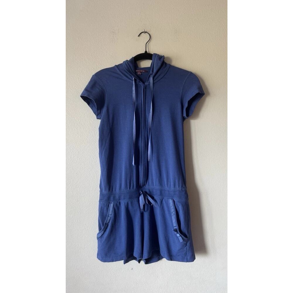 Princesse Tam Tam Romper Women’s Size XXS Blue Hooded 2” Inseam Bow‎ Pockets